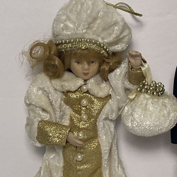Vintage Porcelain Christmas Boy Doll in Velvet Outfit Girl Doll Handbag Gold - Picture 11 of 16